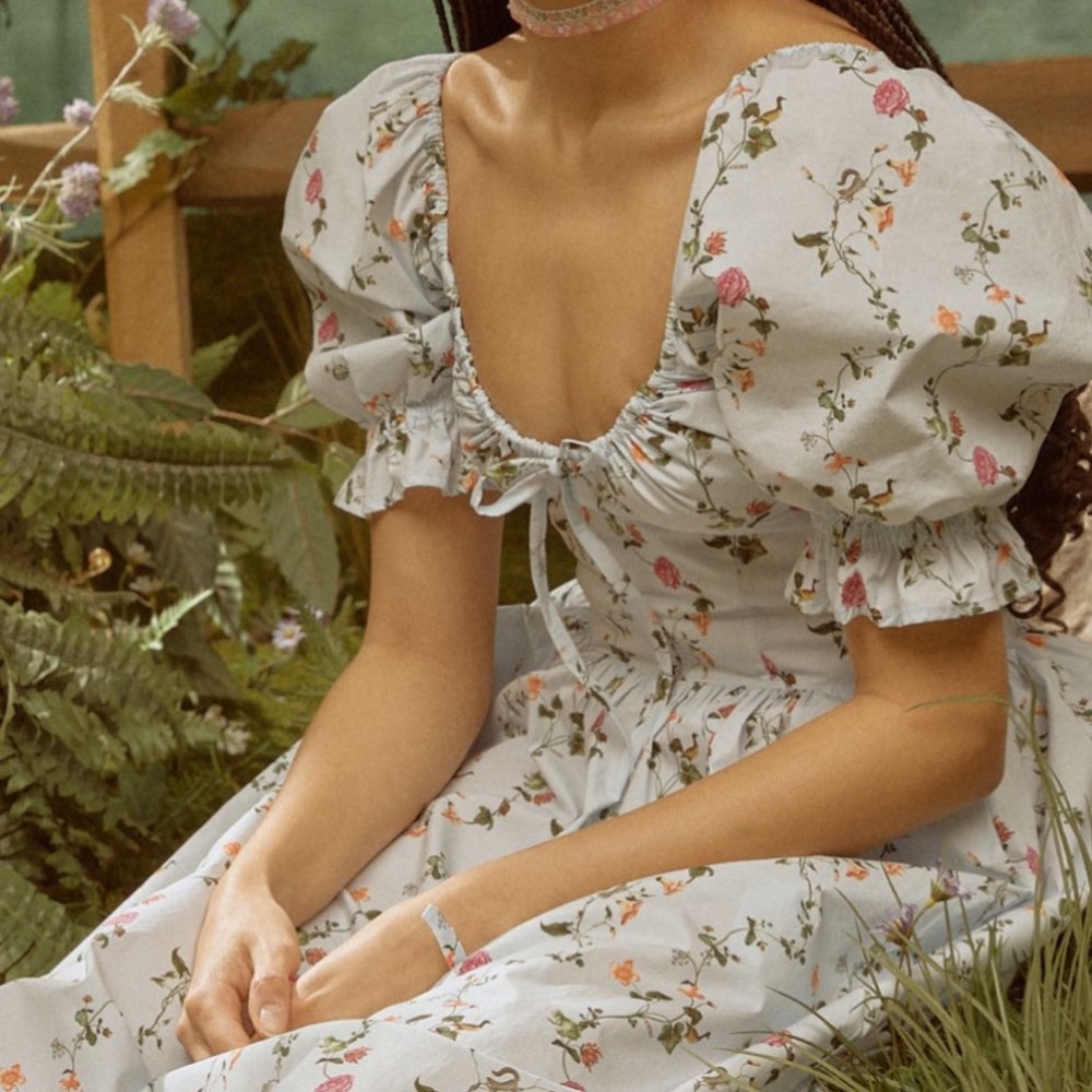 Hill House Light Blue Floral Puff-Sleeve Midi Dress